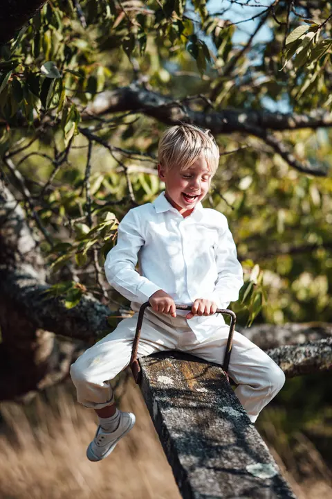 A page boy in white laughing on an old seesaw in a tree