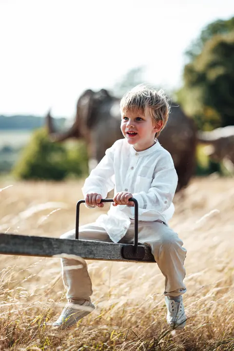 A boy on the seesaw in the open field