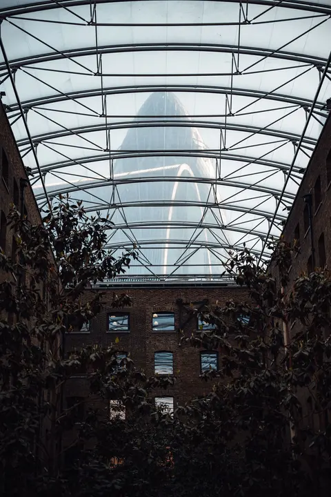The glass roof of the atrium seen from below
