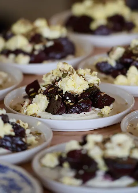 A beetroot and goat cheese dish, close detail