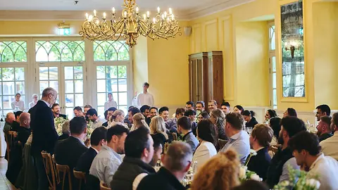 The full dining hall during lunch, seen from the end of the room