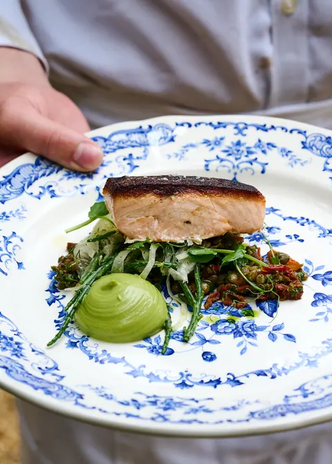 A server holding a plate of salmon on blue and white china